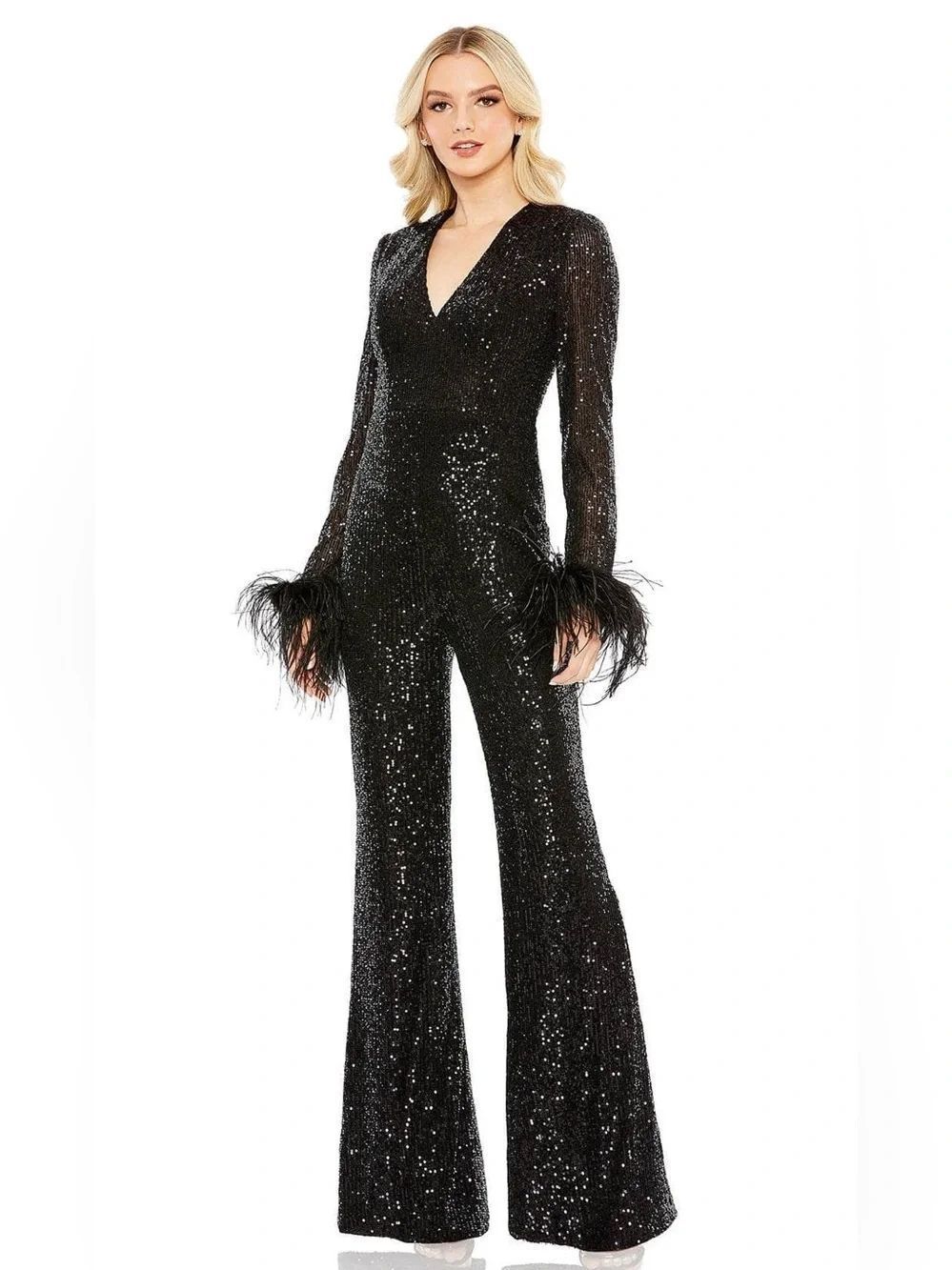 Mac Duggal Black XS Sequin Feather Trim Flare Leg V Neck Pants Jumpsuit